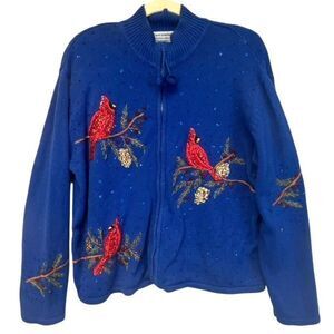 Vtg TIARA INTERNATIONAL Sweater Large Blue Red Cardinal Bird Sequins Beaded Y2K